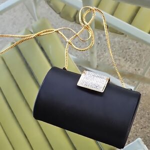 Nordstrom 6" Black Satin Gold Chain Rhinestone Latch Cylinder Box Clutch Purse
